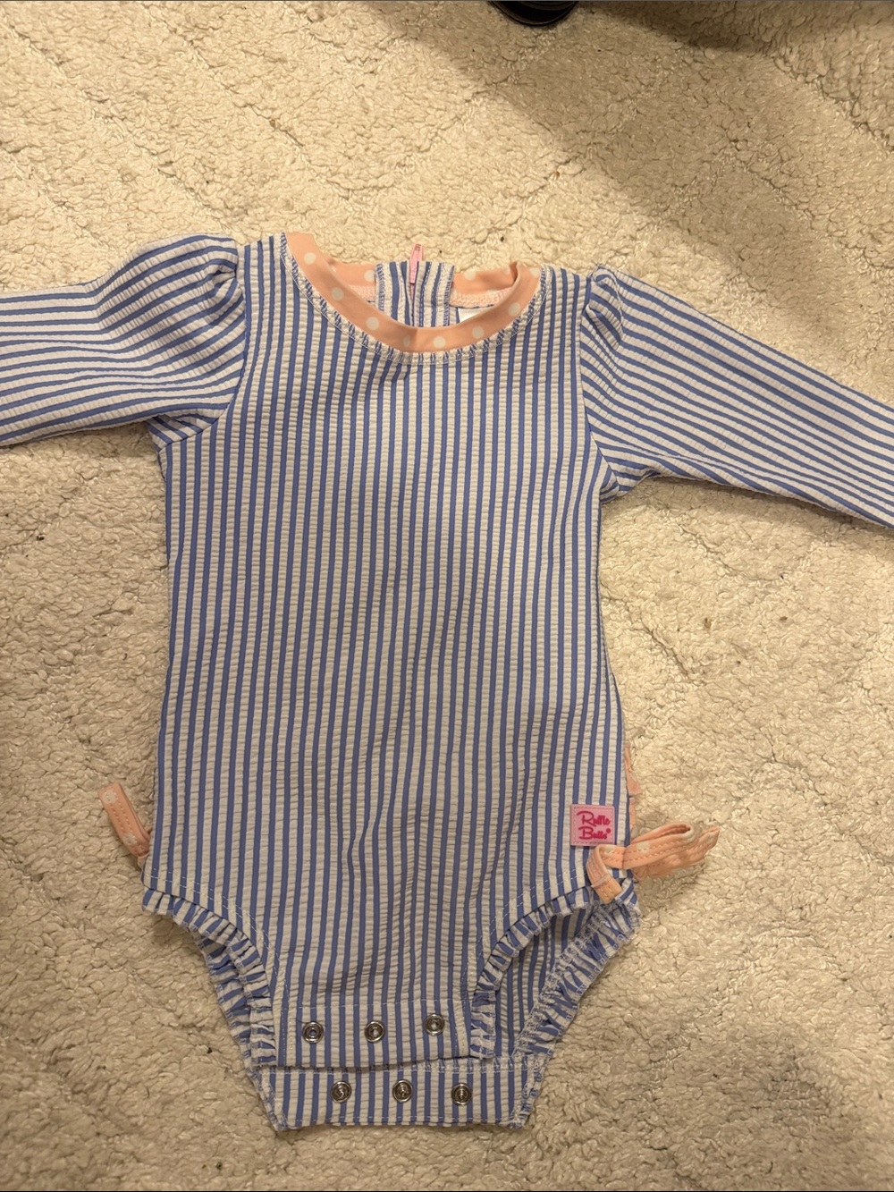 Ruffle Butts Blue & White Stripe Long-Sleeve One-Piece with Pink Trim